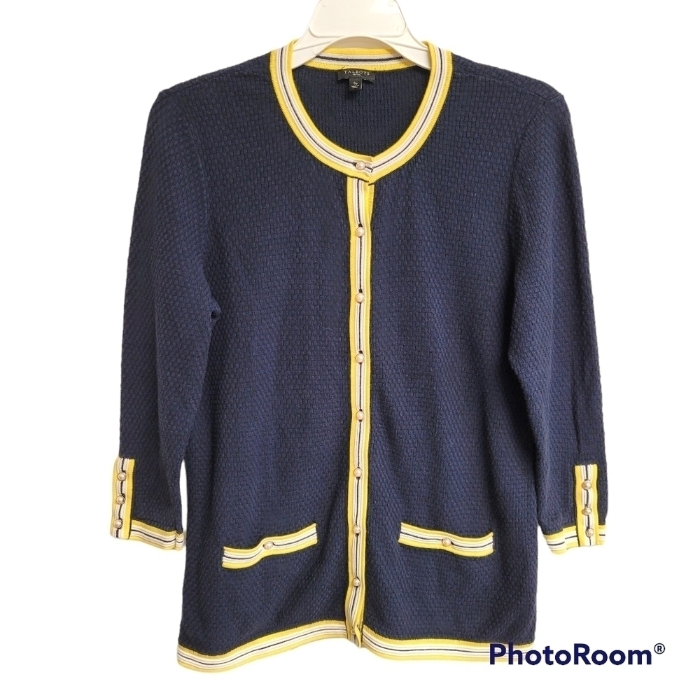 Talbots Navy Blue And Yellow Button Front Cardigan Sweater‎ Women's Size Small P